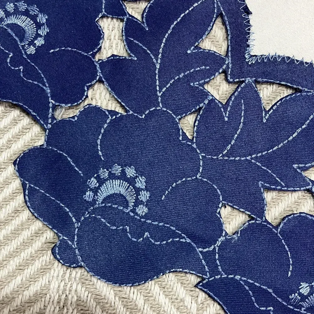 Floral Table Runner Machine Embroidered and Cut Blue Lace Trim 15x34 Polyester